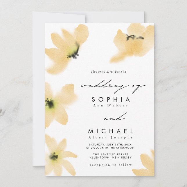 Invitation Aquarelle Botanique Fleurs Jaunes Mariage (Devant)