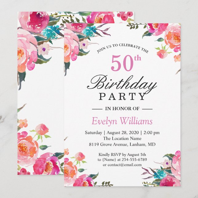 Invitation Aquarelle Botanique Floral Wreath fête d'anniversa (Devant / Derrière)