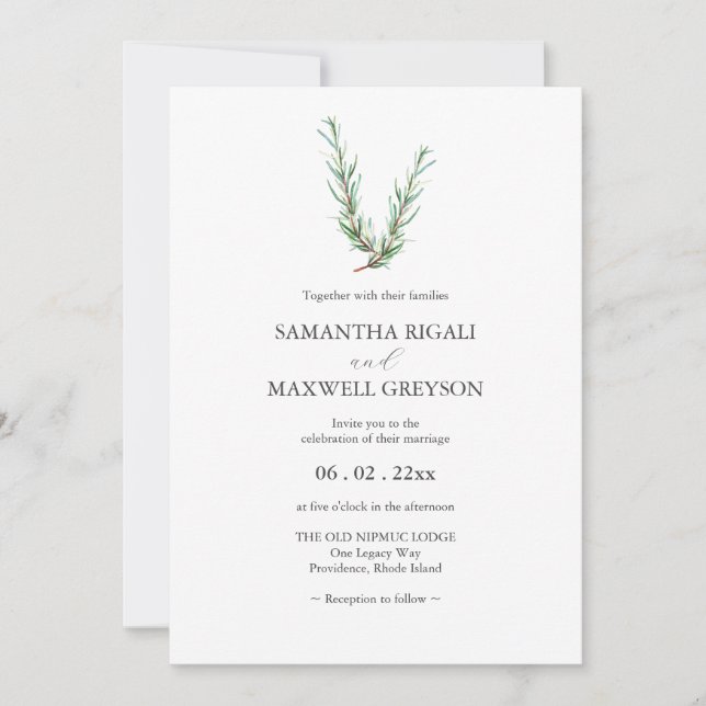 Invitation Aquarelle botanique Mariage de la branche de romar (Devant)