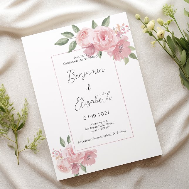 Invitation Aquarelle botanique pastel rose Mariage (Watercolor botanicals pastel pink floral Wedding )