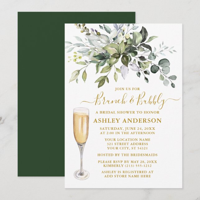 Invitation Aquarelle Botanique Verdure Brunch Bubbly Gold (Devant / Derrière)