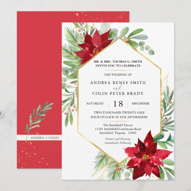 Invitation Aquarelle botanique Verdure Mariage de Noël (Devant / Derrière)