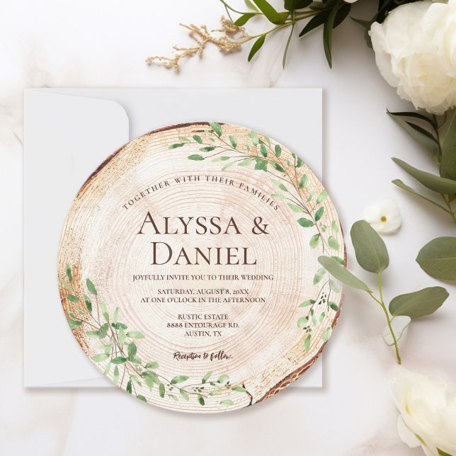 Invitation Aquarelle botanique Verdure tranche bois rustique (Botanical rustic wood slice wedding round invitation)