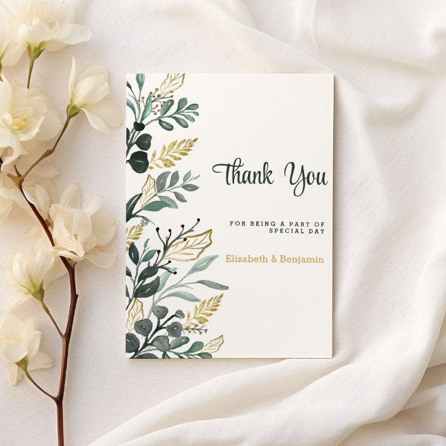 Invitation Aquarelle botanique vert or vert Merci (Botanical watercolor green gold greenery Thank You )
