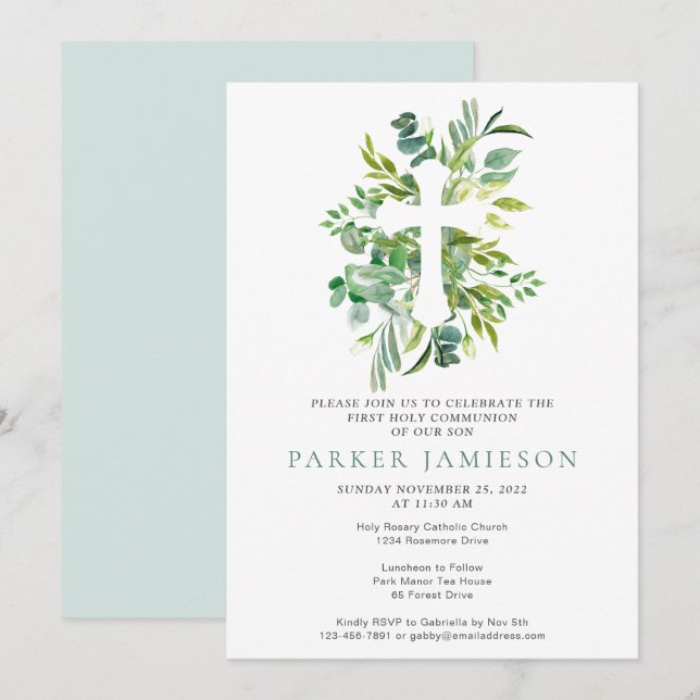 Invitation Aquarelle botanique Vert première sainte communion (Devant / Derrière)