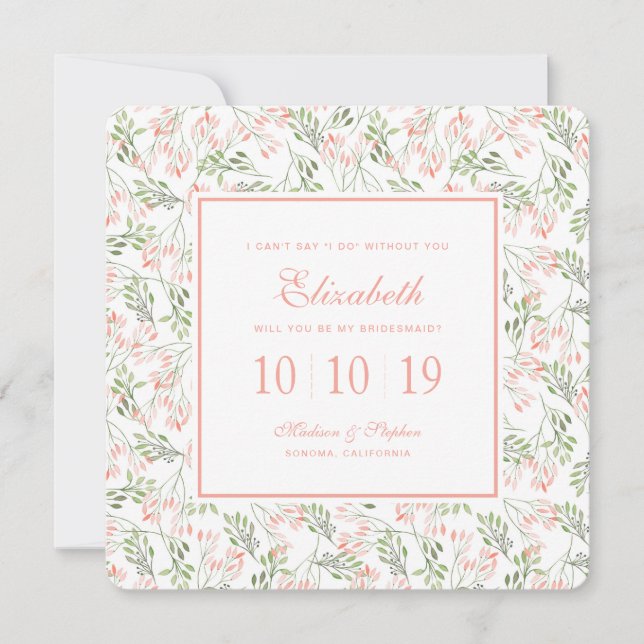 Invitation Aquarelle botanique verte et rose - Bridesmaid (Devant)