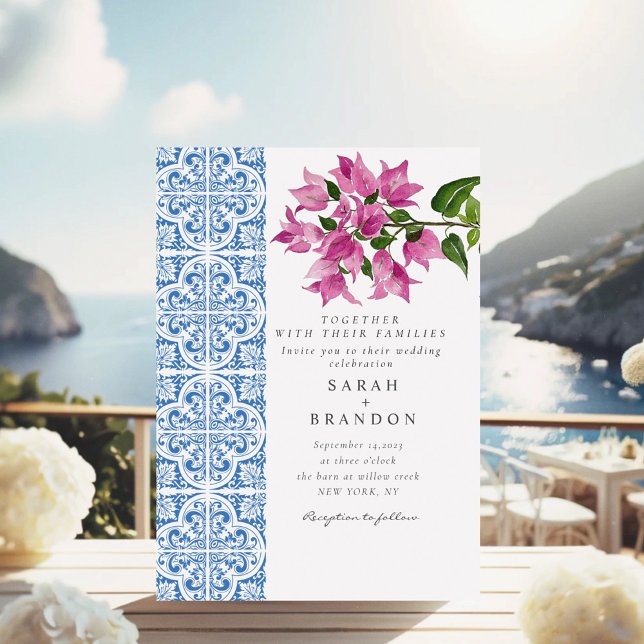 Invitation Aquarelle Bougainvillea Carreaux bleu Mariage (Créateur téléchargé)