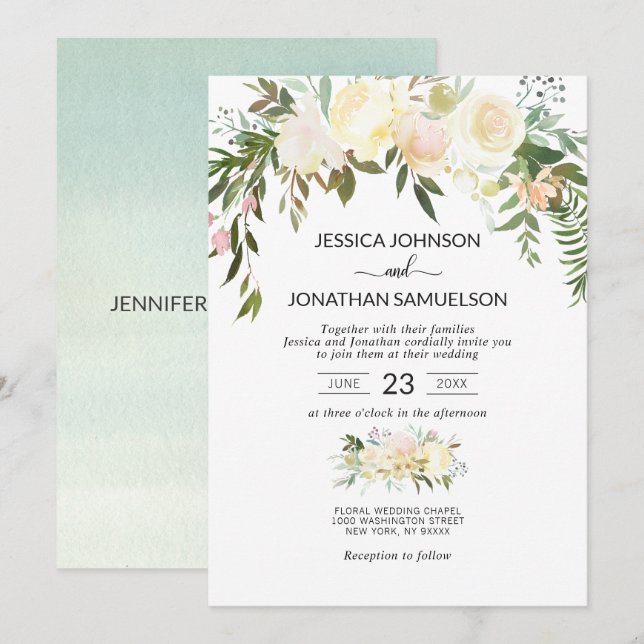 Invitation Aquarelle Bouquet Floral rose Beige Mariage ivoire (Devant / Derrière)