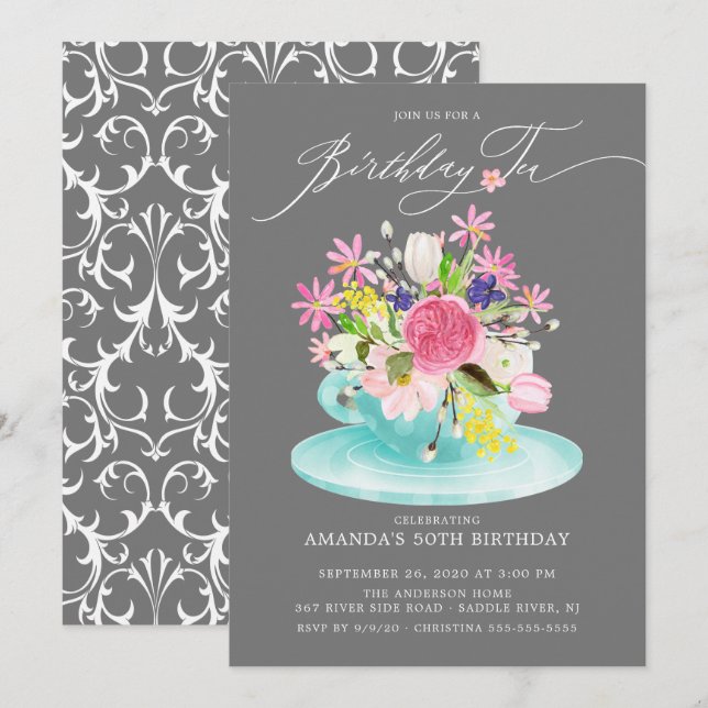 Invitation Aquarelle Bouquet Floral Thé d'anniversaire (Devant / Derrière)