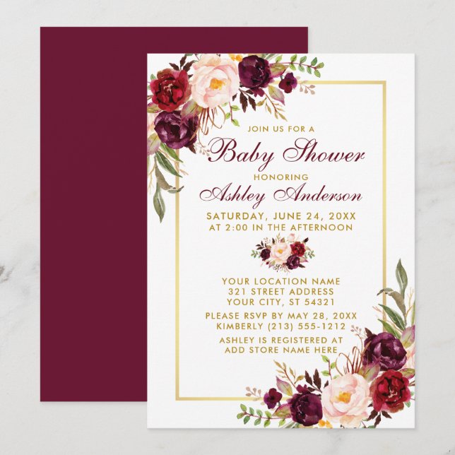 Invitation Aquarelle Bourgogne Baby shower Floral Or (Devant / Derrière)