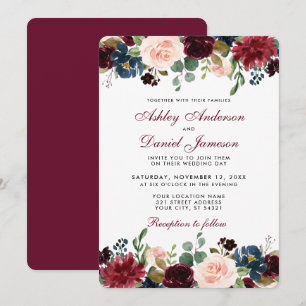 Invitation Aquarelle Bourgogne Bleu Floral Élégant Mariage