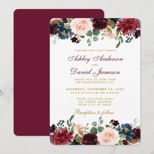 Invitation Aquarelle Bourgogne Bleu Floral Élégant Mariage G
