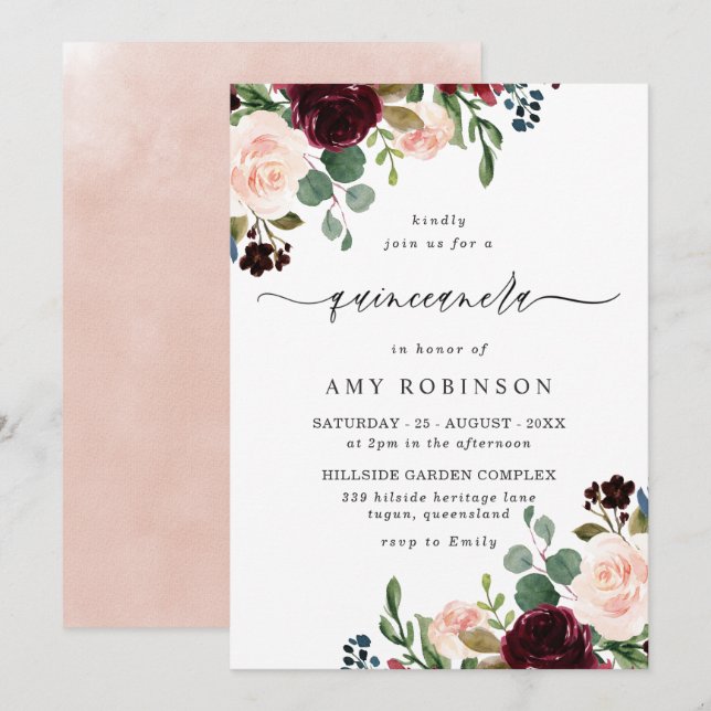 Invitation Aquarelle Bourgogne & Blush Elegant Quinceanera (Devant / Derrière)