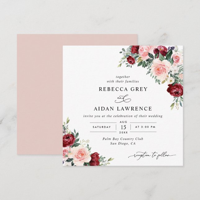 Invitation Aquarelle Bourgogne Blush Floral Mariage Carré (Devant / Derrière)