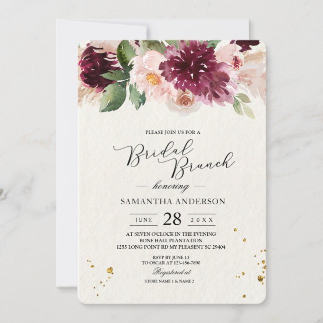 Invitation Aquarelle Bourgogne Blush rose et rouge Floral (Devant)