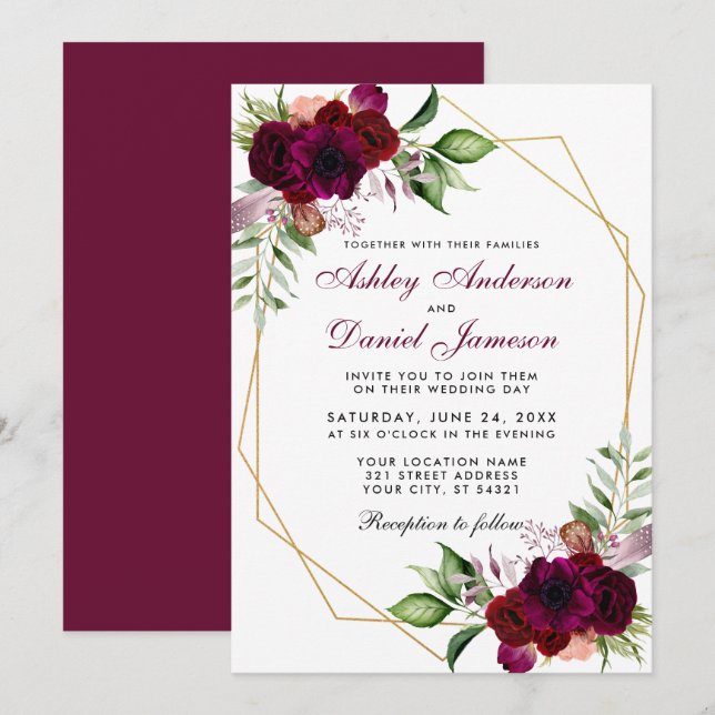 Invitation Aquarelle Bourgogne Boho Floral Gold Frame Mariage (Devant / Derrière)