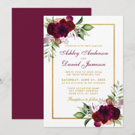 Invitation Aquarelle Bourgogne Boho Floral Mariage Or