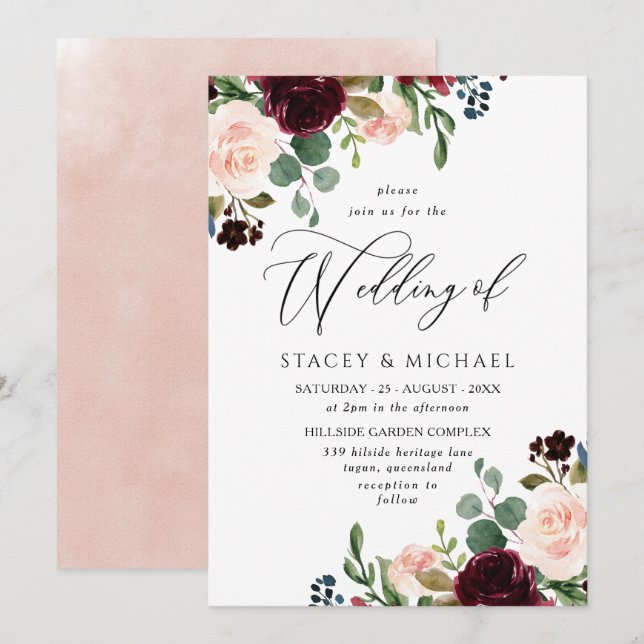 Invitation Aquarelle Bourgogne & Brousse Elégante Mariage de  (Devant / Derrière)