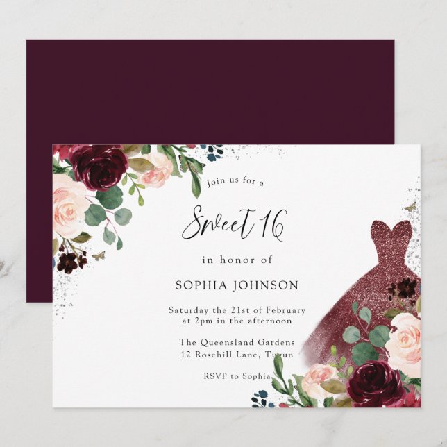 Invitation Aquarelle Bourgogne & Brousse Robe Florale Douce 1 (Devant / Derrière)