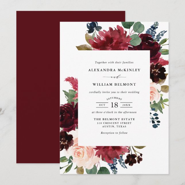 Invitation Aquarelle Bourgogne et Mariage de fleurs bleues (Devant / Derrière)