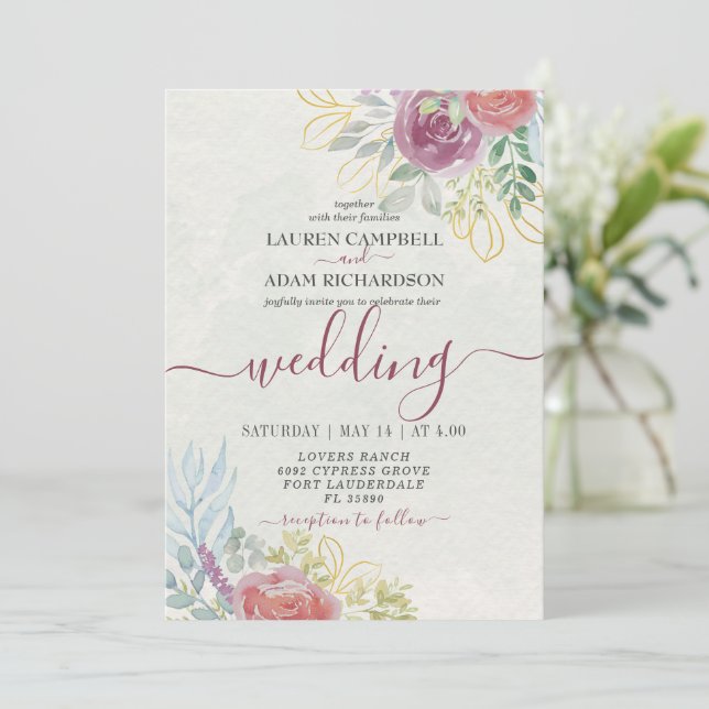 Invitation Aquarelle Bourgogne et orange brûlé Floral (Debout devant)