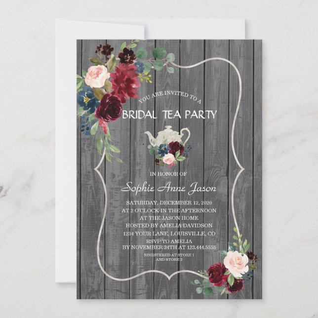 Invitation Aquarelle Bourgogne Fleurs Bois Bridal Tea Party (Devant)