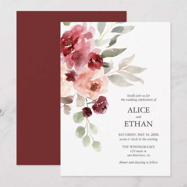 Invitation Aquarelle Bourgogne Fleurs Mariage moderne (Devant / Derrière)