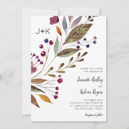 Invitation Aquarelle Bourgogne Fleurs Monogramme Mariage