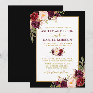 Invitation Aquarelle Bourgogne Floral Black Gold Mariage