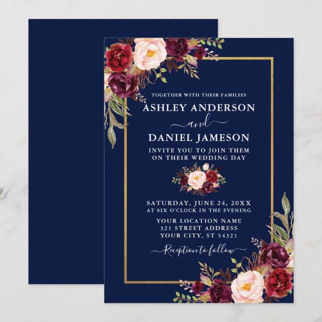 Invitation Aquarelle Bourgogne Floral Blue Gold Mariage (Devant / Derrière)