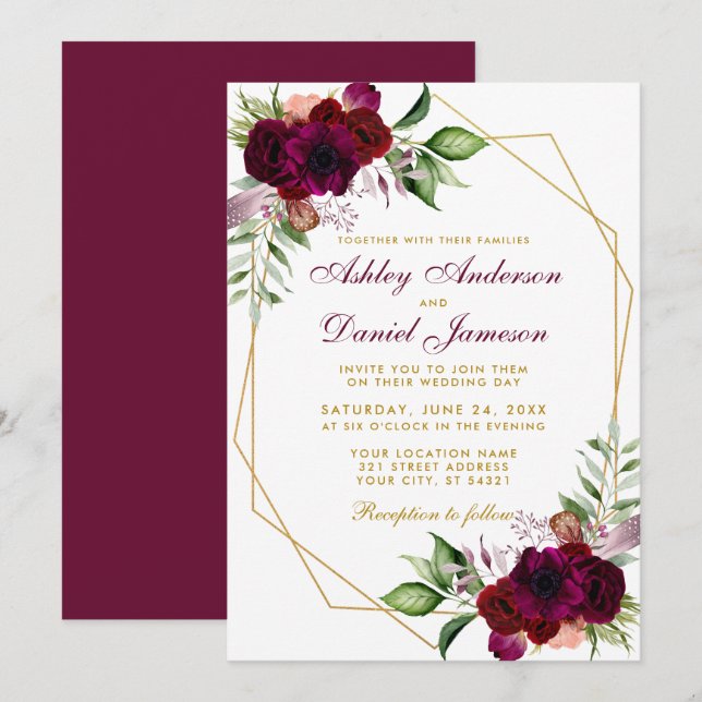 Invitation Aquarelle Bourgogne Floral Boho Gold Frame Mariage (Devant / Derrière)