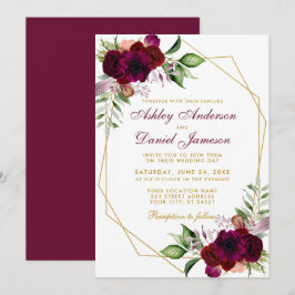 Invitation Aquarelle Bourgogne Floral Boho Gold Frame Mariage