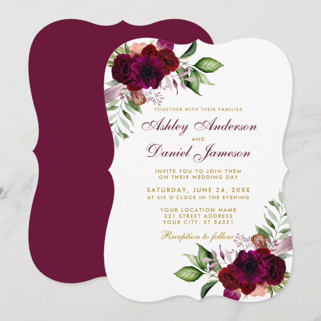 Invitation Aquarelle Bourgogne Floral Boho Gold Mariage B (Devant / Derrière)