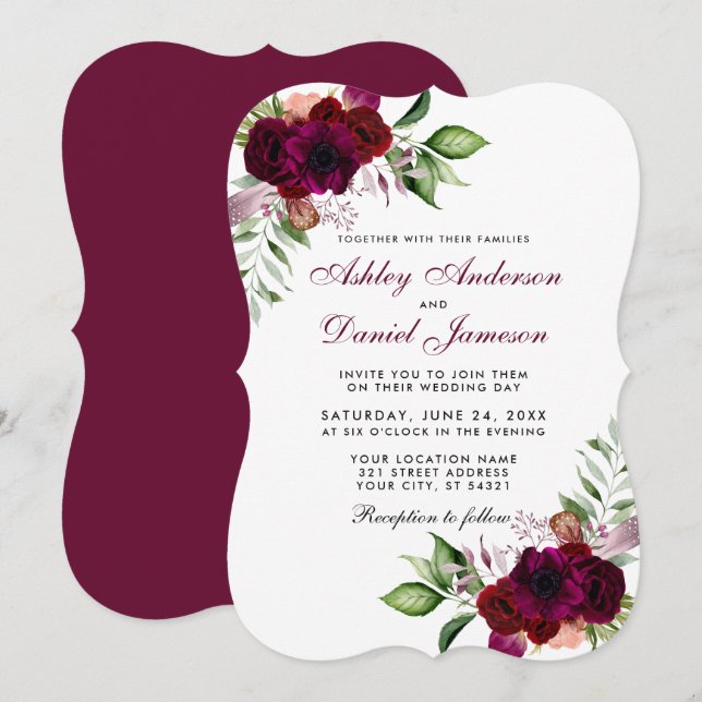 Invitation Aquarelle Bourgogne Floral Boho Mariage B (Devant / Derrière)