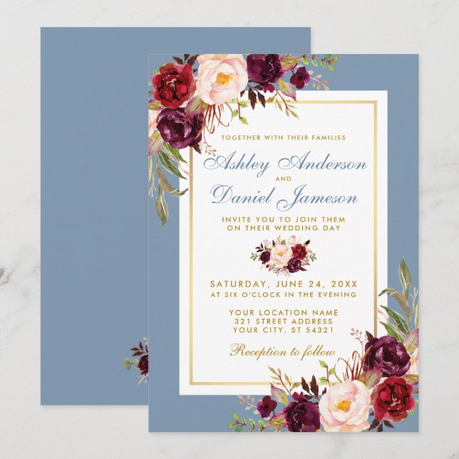 Invitation Aquarelle Bourgogne Floral Dusty Mariage bleu (Devant / Derrière)