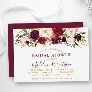 Invitation Aquarelle Bourgogne Floral Fête des mariées or