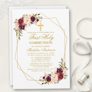 Invitation Aquarelle Bourgogne Floral Geo Frame Communion
