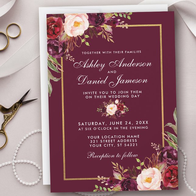 Invitation Aquarelle Bourgogne Floral Gold Frame Mariage (Customize to change text size, text style or color.)
