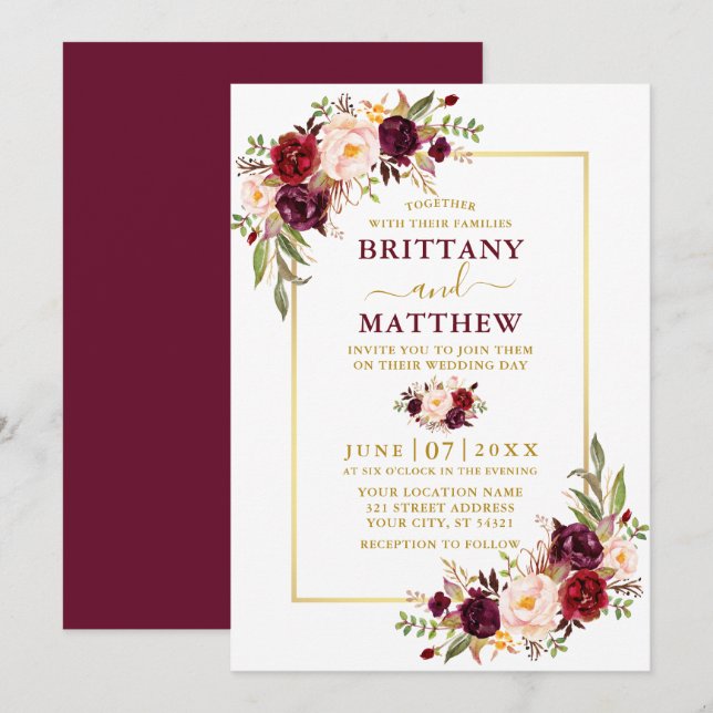 Invitation Aquarelle Bourgogne Floral Gold Frame Mariage (Devant / Derrière)