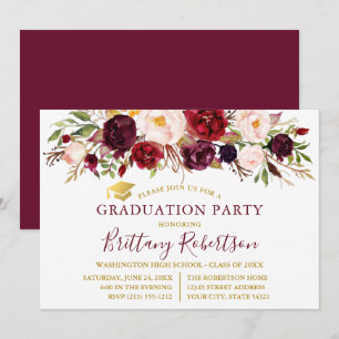 Invitation Aquarelle Bourgogne Floral Gold Graduation Party