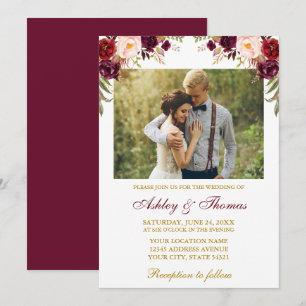 Invitation Aquarelle Bourgogne Floral Gold Photo Mariage