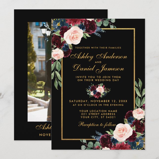 Invitation Aquarelle Bourgogne Floral Gold Photo Mariage (Devant / Derrière)
