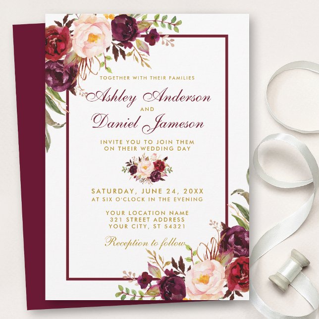 Invitation Aquarelle Bourgogne Floral Gold Wedding Inviter BF (Customize to change text color, style, add text & photos to back or change color of back of card.)
