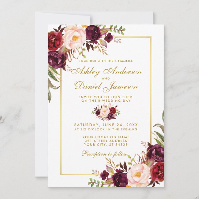 Invitation Aquarelle Bourgogne Floral Gold Wedding Inviter G (Devant)