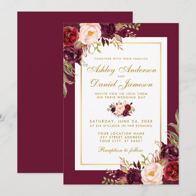 Invitation Aquarelle Bourgogne Floral Gold Wedding Inviter GB (Devant / Derrière)