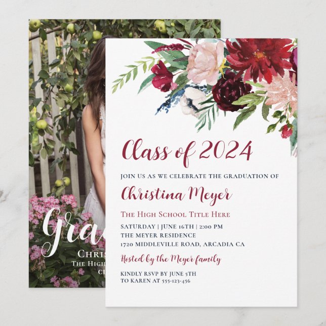Invitation Aquarelle Bourgogne Floral Graduation Party Photo (Devant / Derrière)
