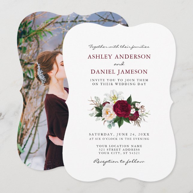 Invitation Aquarelle Bourgogne Floral Greenery Mariage photo (Devant / Derrière)