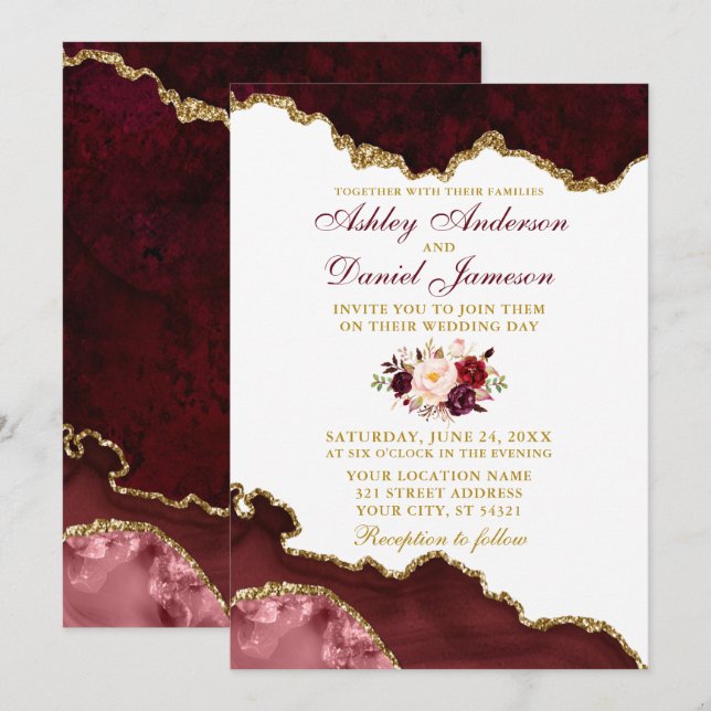 Invitation Aquarelle Bourgogne Floral Marbre Mariage (Devant / Derrière)