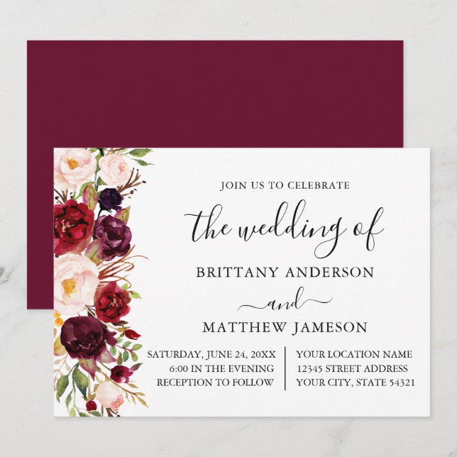 Invitation Aquarelle Bourgogne Floral Mariage de calligraphie (Devant / Derrière)