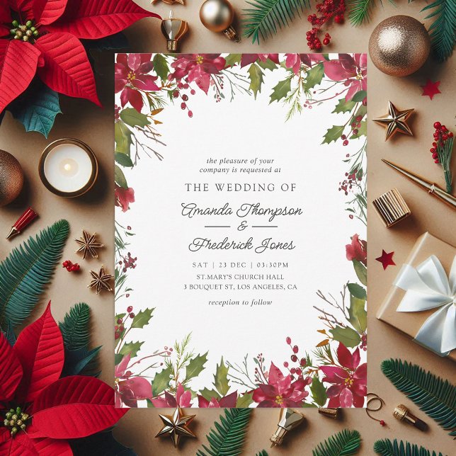 Invitation Aquarelle Bourgogne Floral Mariage de Noël (Burgundy Watercolor Floral Christmas Wedding Invitation)